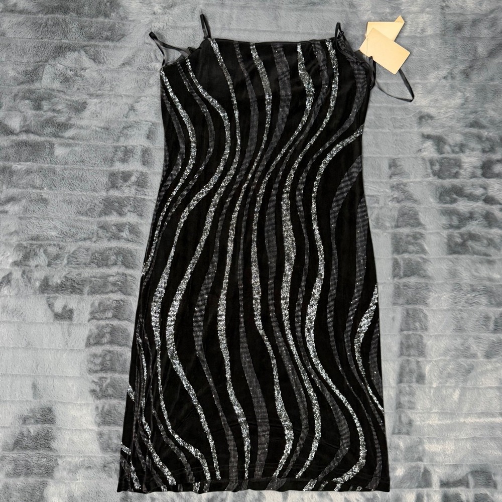 Jodi Kristopher Womens Black Silver Glitter Stripe Bodycon Dress L NWT 70360X
